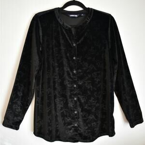 Lands' End black floral stretch velvet button up blouse top shirt size medium